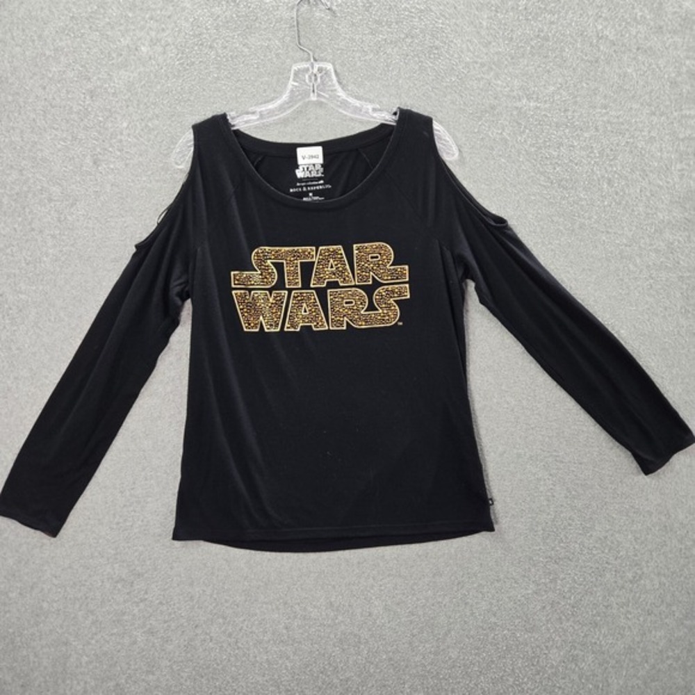 Star Wars x Rock & Republic Women Top Medium Shirt Logo Rinestones Cold Shoulder